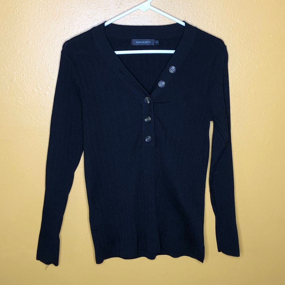 Merokeety Black Ribbed V-neck Sweater, NWOT
